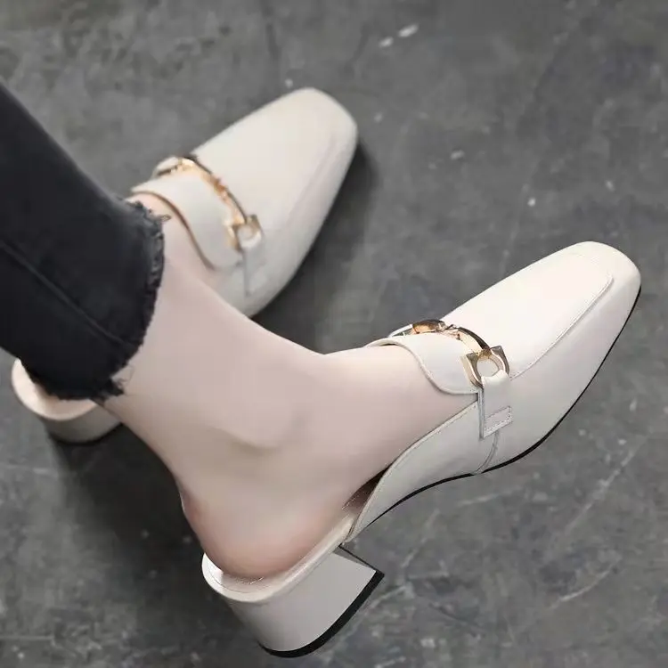 Lizhuofan Baotou - selipar separuh wanita, pakaian luar, sandal dan selipar bertumit tebal baharu, kasut Muller, tumit tengah, kaki persegi, retro, musim panas