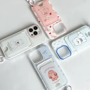 【SatSet.ind】Puppy & Bunny Case with card holder and rope strap Casing iPh 11 Pro Max 12 ProMax iPh 13 14 15 16 ProMax Plus Tali gantungan handphone gelang Black Casing full cover aman lucu cute lovely Beruang white bear Layar Silikon Bumper Silicone