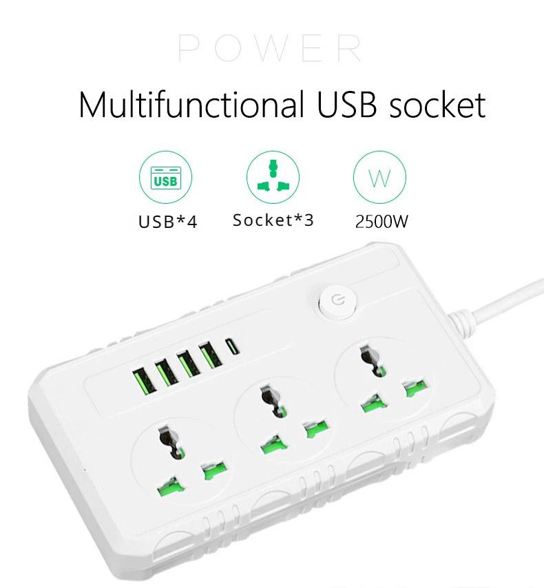 Product Introduction of US UK EU Plug Power Strip with 4 USB 1 Type-C Port 2M Extension Cord Socket Surge Overload Protector Universal Multi Outlet 9