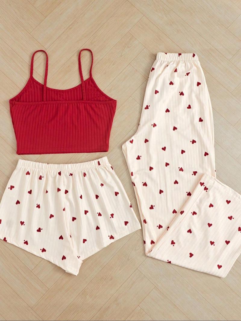 Product Introduction of Women's Cami Top & Heart Print Shorts & Pants Pyjama Set, Casual Comfy Loungewear Set for Women, Comfy Loungewear Set for Summer 5