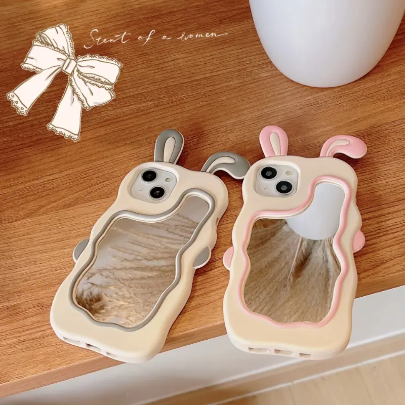 Gương Trang Điểm, Thiết Kế Tai Thỏ Hồng Dễ Thương, Thích Hợp Cho Ốp Điện Thoại IPhone 15 Promax 13 / 12 / 11 Nữ