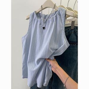 เสื้อเชิ้ตลายทางสไตล์เกาหลี เสื้อกั๊ก สำหรับผู้หญิง ฤดูร้อน มาใหม่ ดีไซน์หลวมและอเนกประสงค์ เสื้อสลิงแขนกุดแบบผูกเชือก Women Clothing Lady