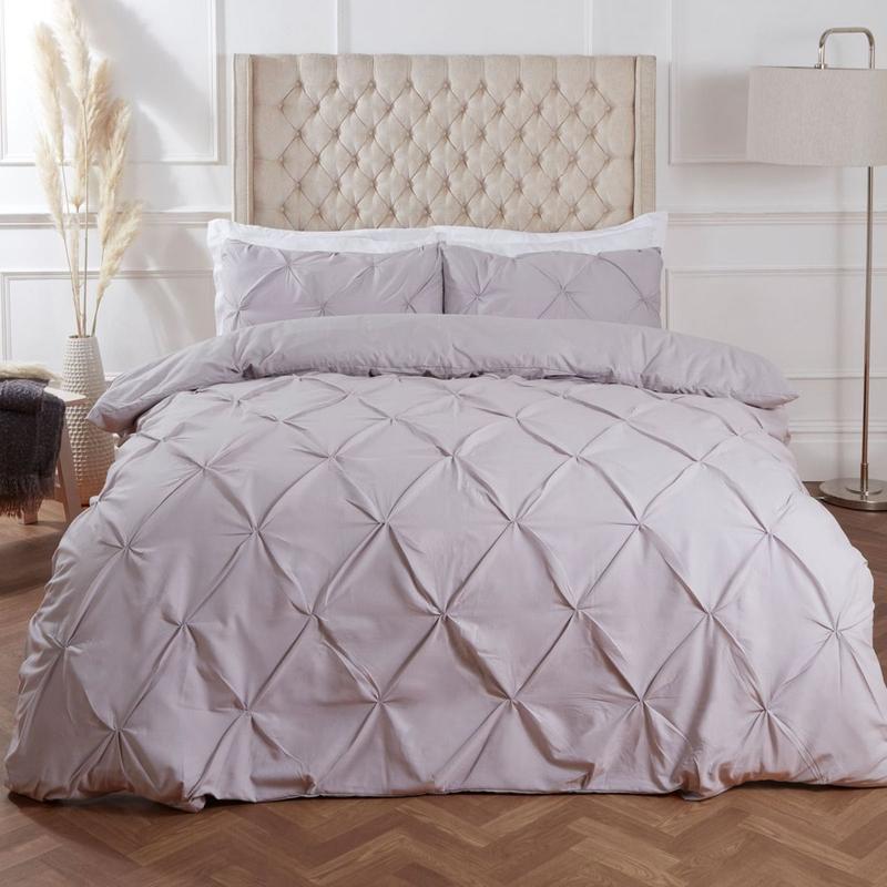 Highams Diamond Pintuck Pinch Pleat Duvet Cover Set - Silver 4