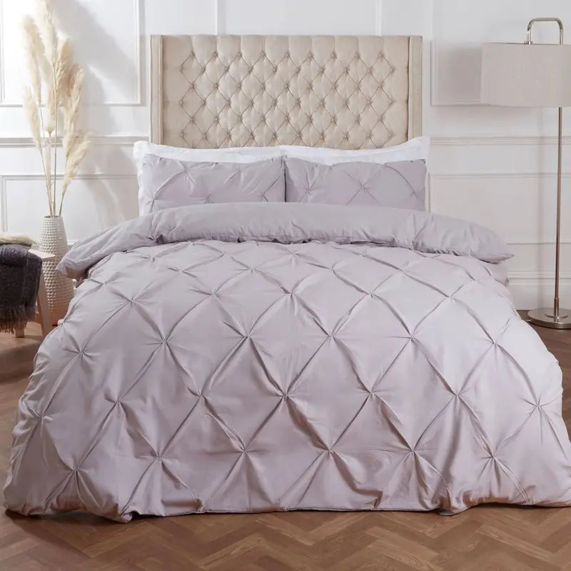 Highams Diamond Pintuck Pinch Pleat Duvet Cover Set - Silver 4