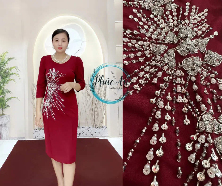 Đâm suông  thiết kế Đính kết pha lê bạc trắng thủ công- Thun