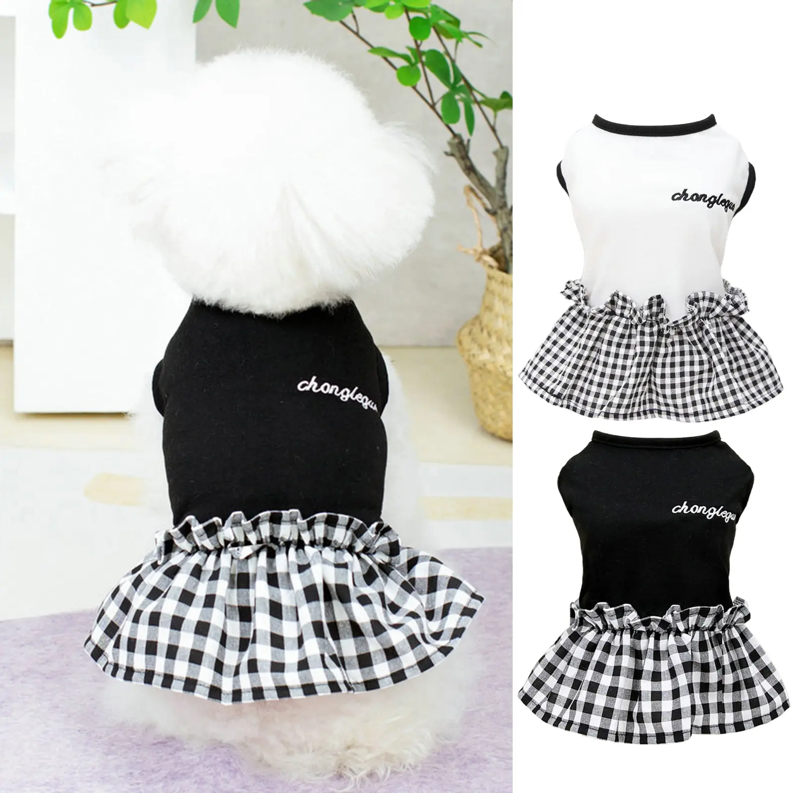 Pet Dress Round Neck Adorable Soft Comfortable Lattice Splicing Sleeveless Pet Dog Dress Clothes Pet Supplies