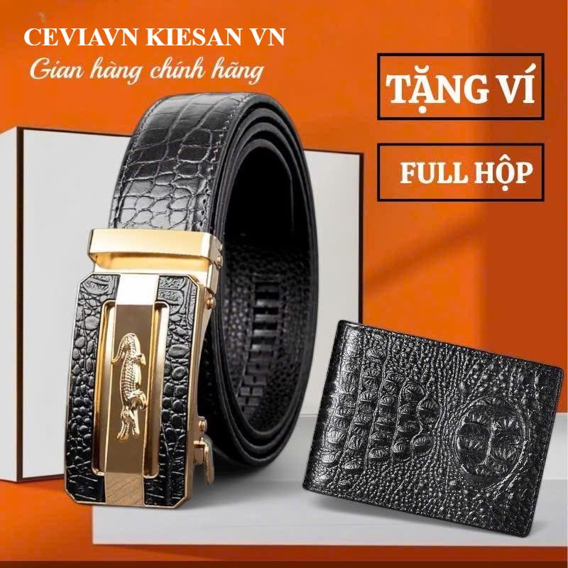 (FULLBOX) Combo Bộ Đôi Thắt Lưng Da Khóa Tự Động Dây Vân Cá Sấu+ Ví Da Cá Sấu CÓ KHÓA KÉO