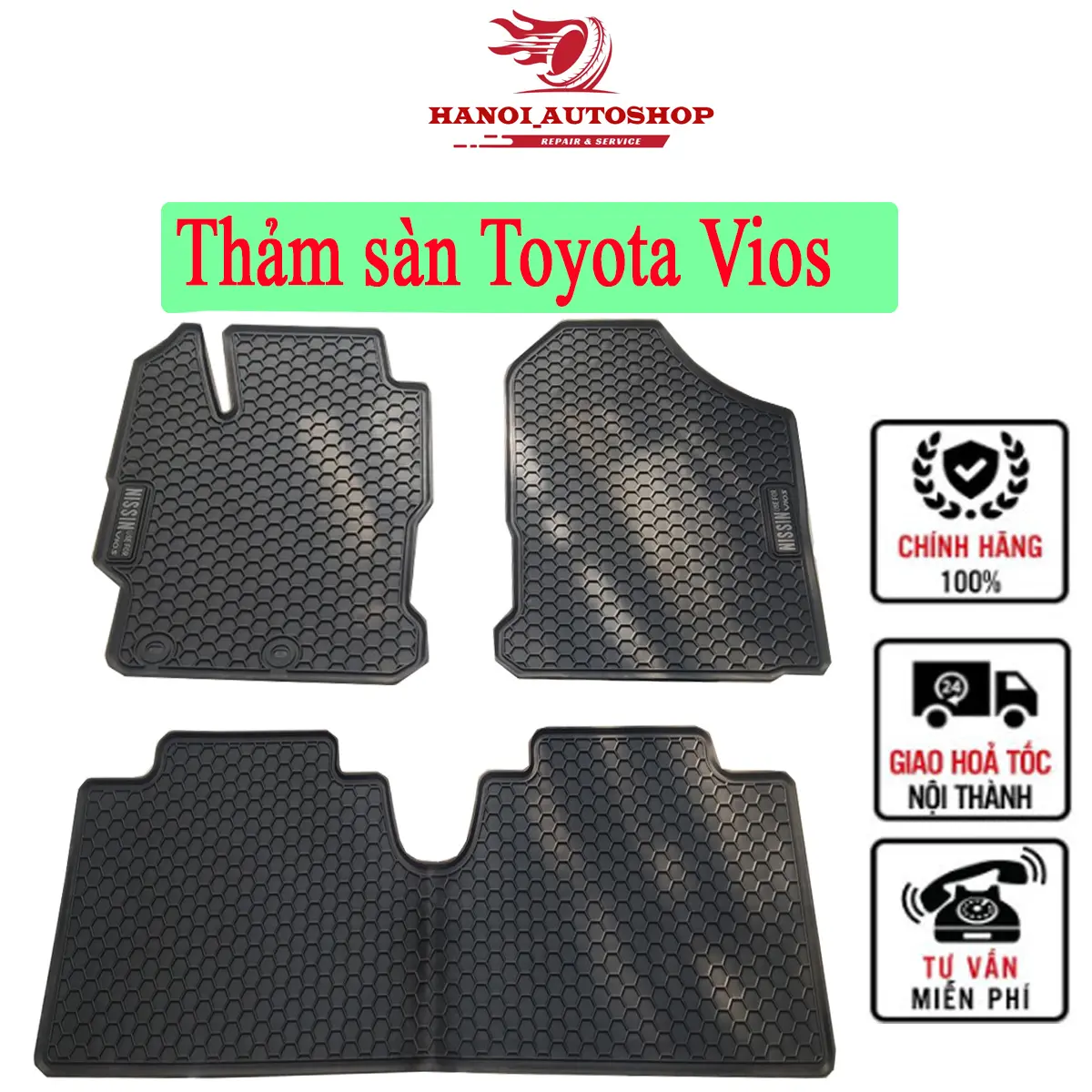 Thảm lót sàn Vios bằng cao su đúc cao cấp, không mùi, chuẩn form, dễ lau chùi.
