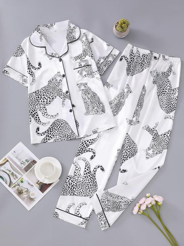 Two Counts Women's Lapel Shirt & Elastic Waist Pants Pyjamas Set, Pj Sets for Women, Casual Button Front Top & Trousers Loungewear Set, Pyjamas for Women, Lounge Set, Ladies Sleepwear for Summer, Hide Tummy Wear Uk, Pajamas, Womenswear 5