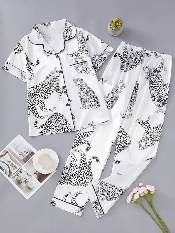 Two Counts Women's Lapel Shirt & Elastic Waist Pants Pyjamas Set, Pj Sets for Women, Casual Button Front Top & Trousers Loungewear Set, Pyjamas for Women, Lounge Set, Ladies Sleepwear for Summer, Hide Tummy Wear Uk, Pajamas, Womenswear, Clothes for Women 5