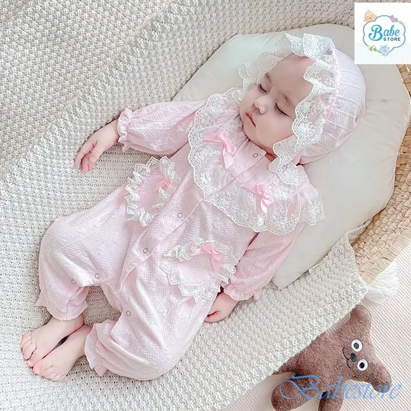 Body cotton bamboo đũi hồng nhạt kèm nón tiểu thư cho bé gái