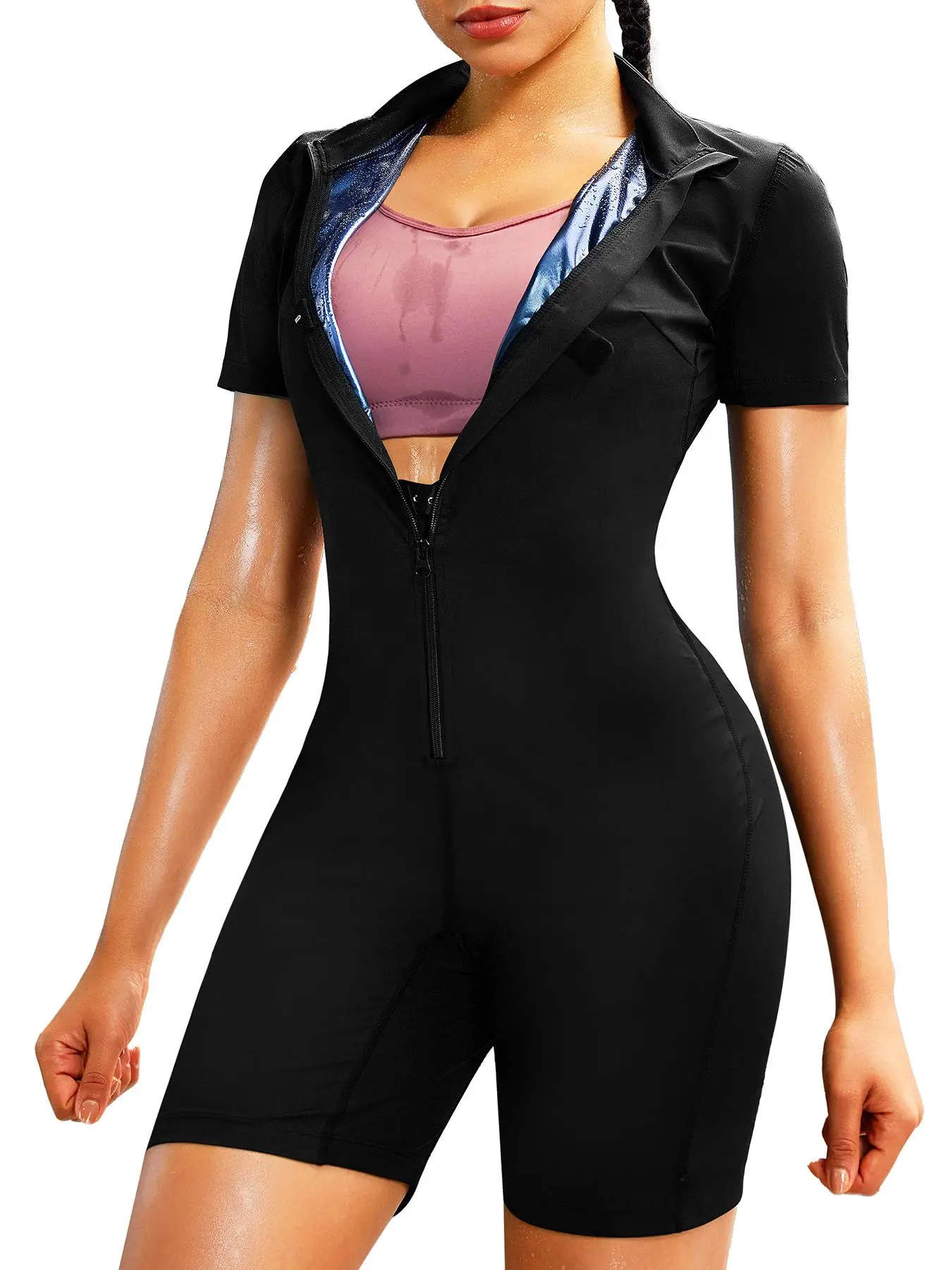 Women's Plain Zip Up Mock Neck Shapewear Romper, One-piece Tummy Control Short Sleeve Shaper, Ladies Sauna Shapewear for Summer