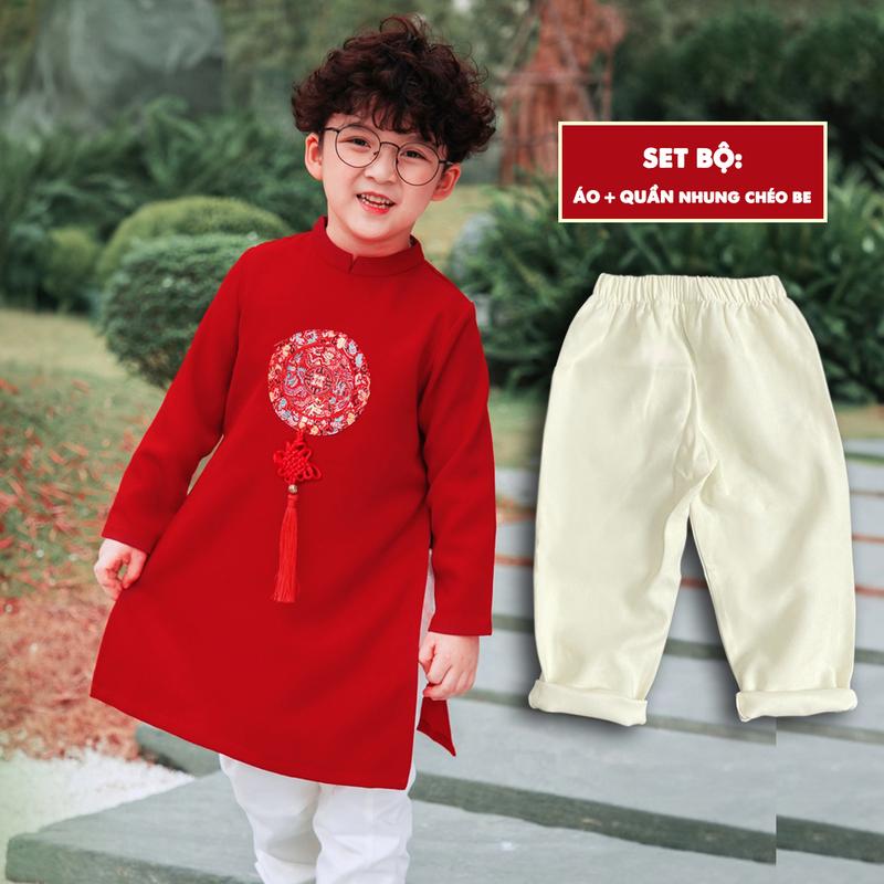 9-45kg Áo dài bé trai size đại áo dài mẫu ốp gấm trước ngực cho trẻ em đủ size set có quần - Hogi Clothing