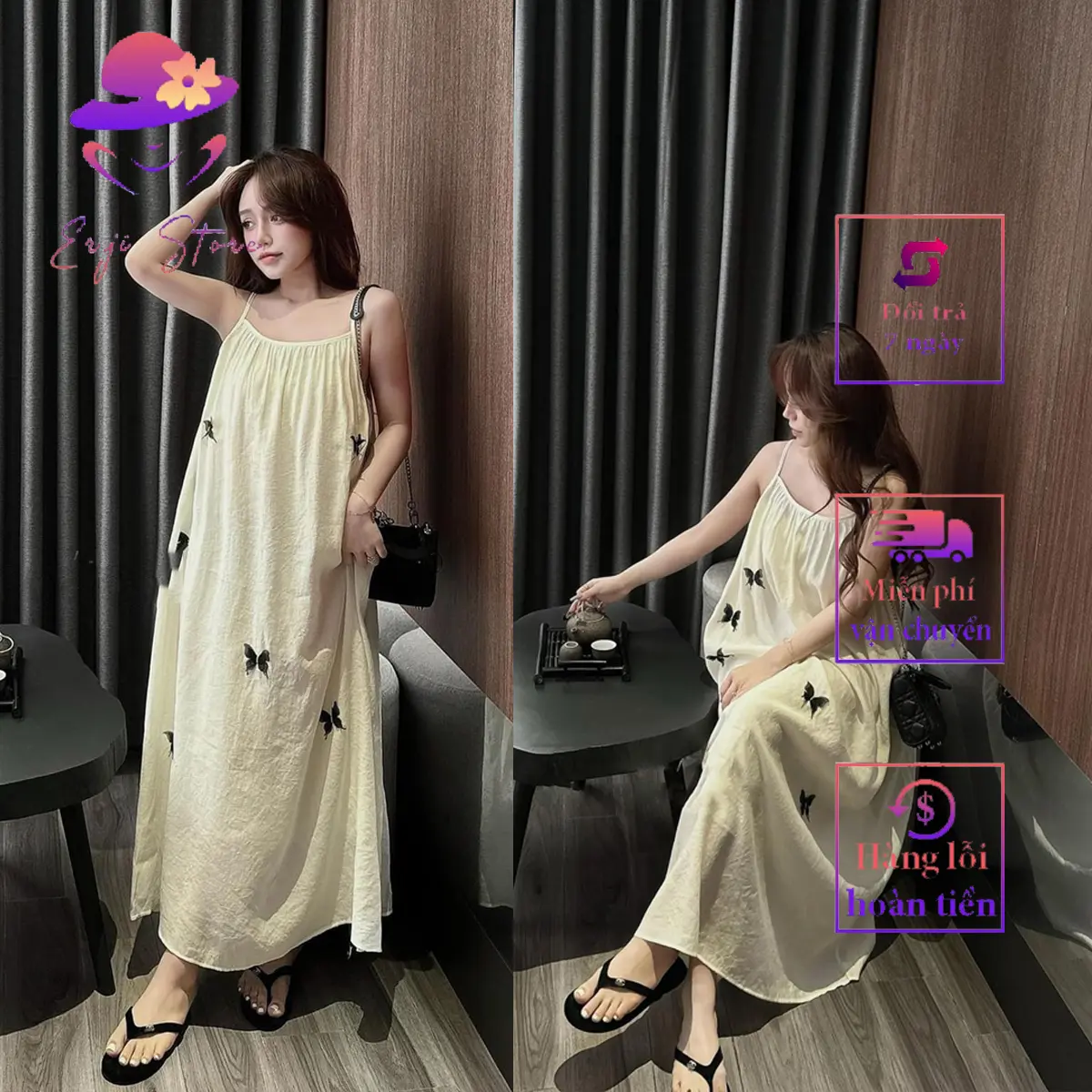 Váy 2 dây tăng đưa điều chỉnh đính phụ kiện hình bướm