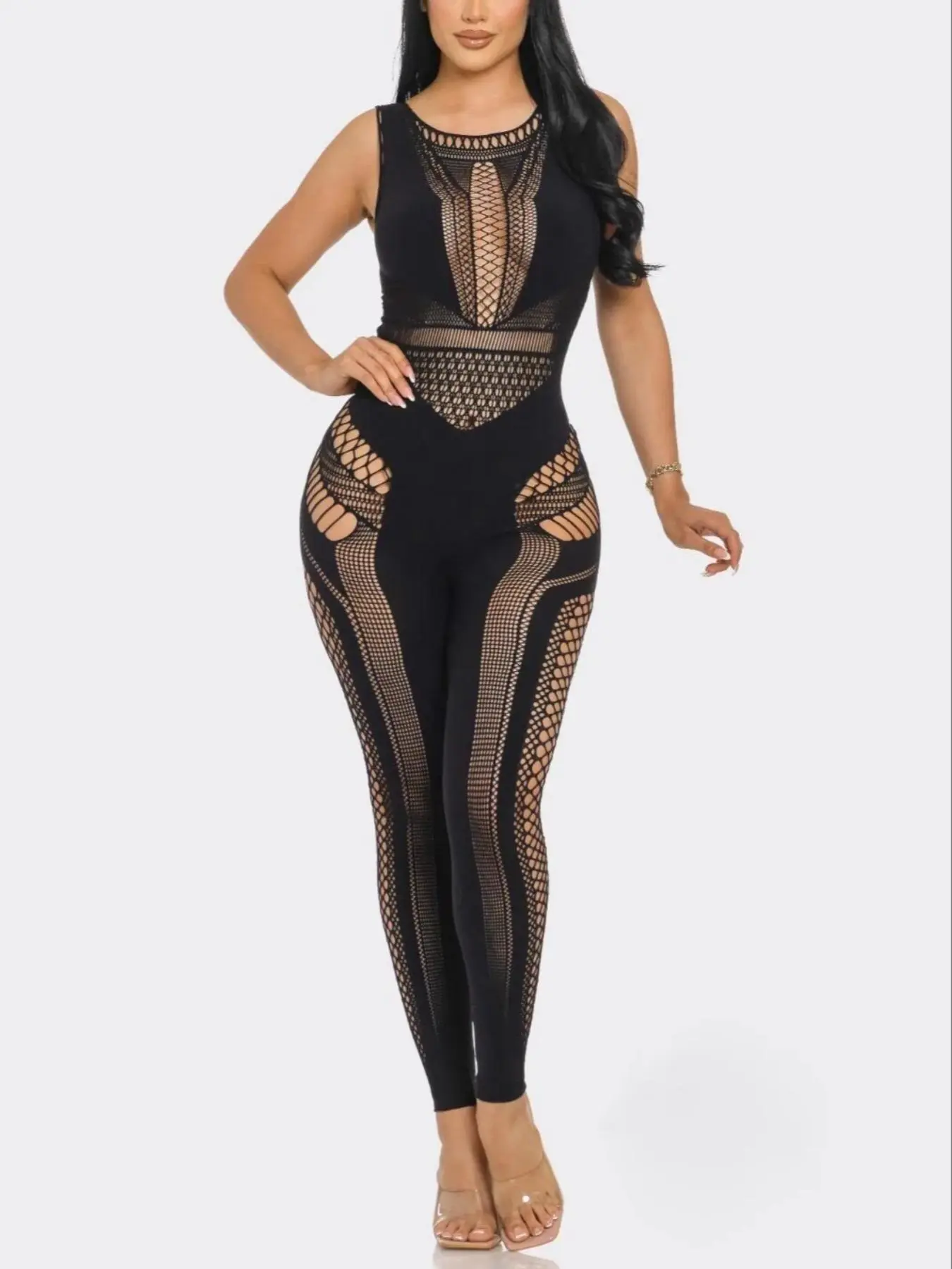 Women's Solid Color Hollow Out Round Neck Skinny Jumpsuit, Fashion Casual Sleeveless Jumpsuit for Daily Outdoor Wear, Ladies Clothes for All Seasons Valentine's Day, gift