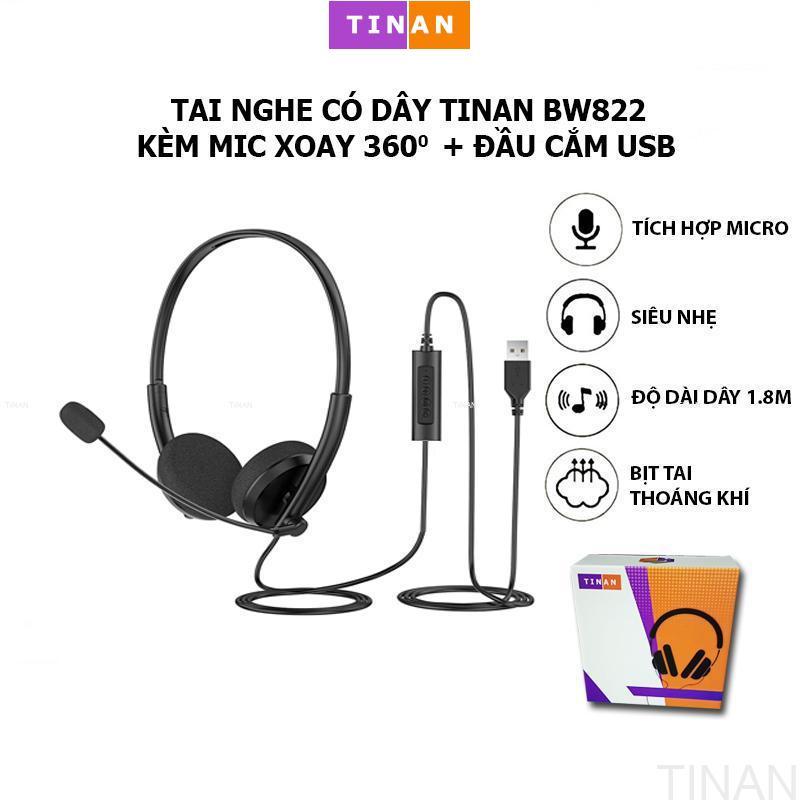 Tai Nghe Có Dây TINAN BW822 Kèm Mic, USB/Jack35, Thích Hợp Dùng Chăm Sóc Khách Hàng, Học Online