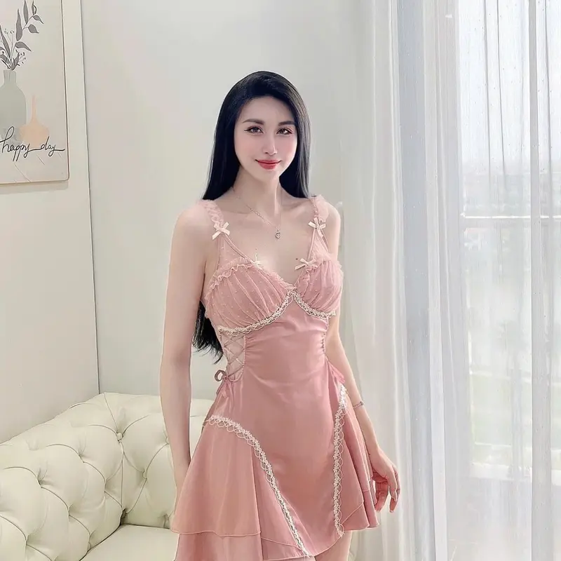 V06  Váy ngủ viền ren mềm mịn,cột eo,(có mút + dây cột eo 2 bên)Hàng QCCC 7