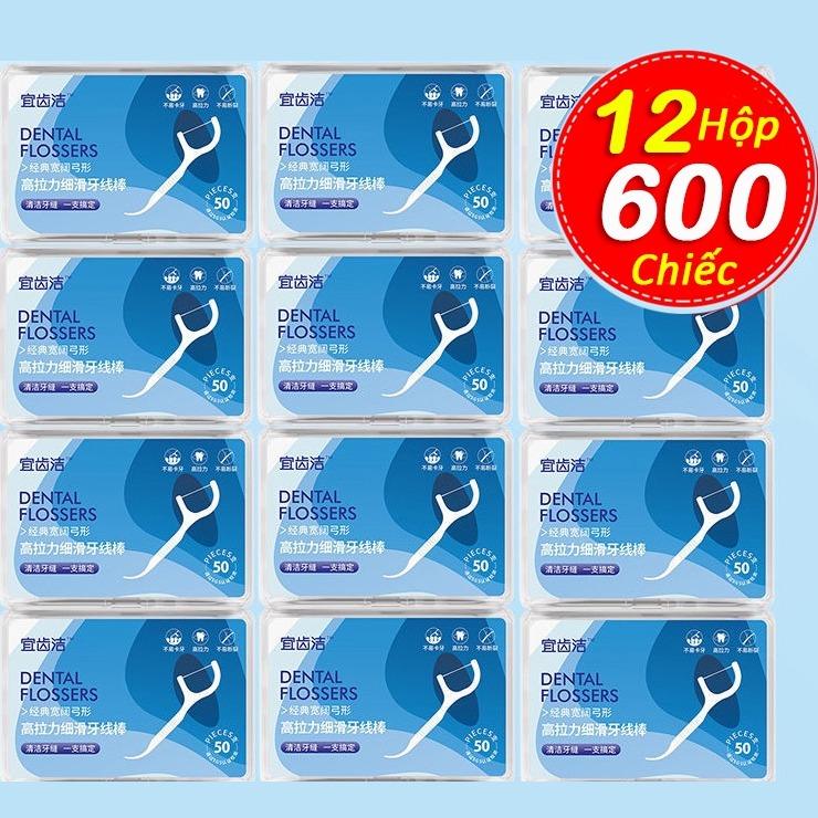 Combo 12 Hộp - 600 Chiếc Tăm Chỉ Nha Khoa Tiệt Trùng, Tăm Nha Khoa Vệ Sinh Kẽ Răng Chân Nướu Chuyên Dụng
