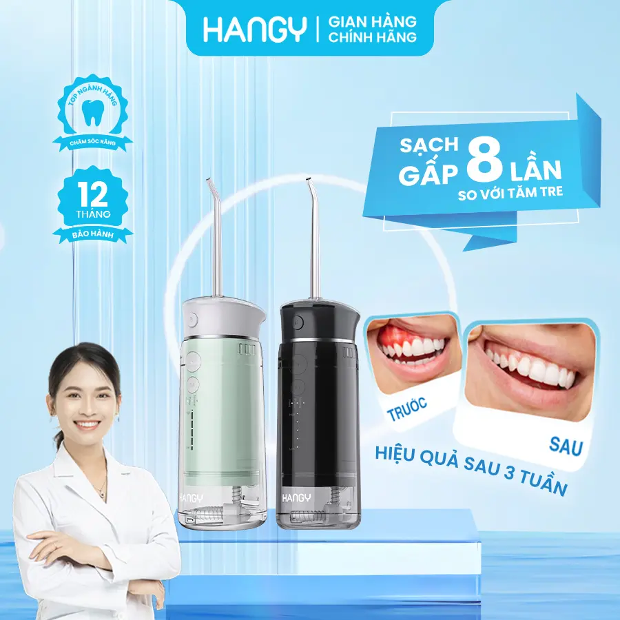 Máy tăm nước gấp gọn HANGY HM23 - công nghệ tia nước siêu âm -3 chế độ 5 mức áp lực nước - răng miệng nào cũng sử dụng được
