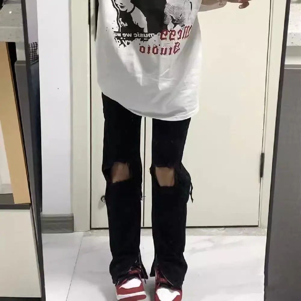 Quần Thẳng Rách Đầu Gối, Phong Cách Hip Hop Và Đường Phố Cao Cấp, Quần Bò Có Khóa Kéo, Dành Cho Nữ, Dáng Ôm, Màu Đen, Cổ Điển Và Hợp Xu hướng Ins, Trang Phục Mùa Hè