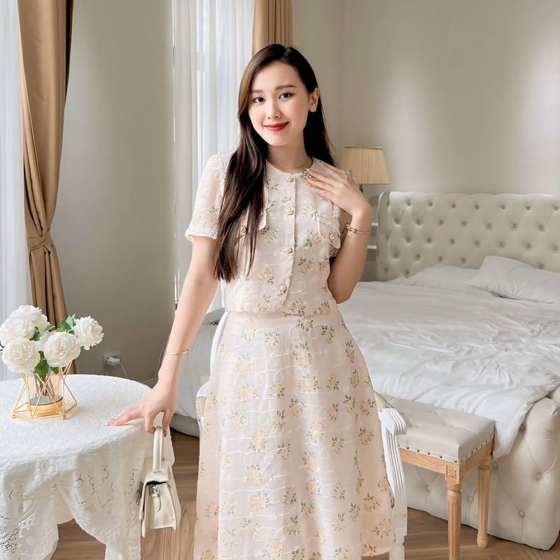 Lita set bộ váy kèm áo hoa vàng cổ tròn tay ngắn mặc đi làm đi tiệc thanh lịch sang trọng V092 Nữ Women Voan Kem Dress 1