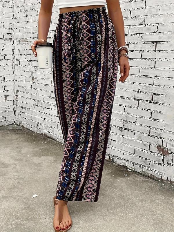 Women's Ethnic Pattern Drawstring Waist Pants, Boho Frill Trim High Waist Straight Leg Trousers for Spring & Fall, Ladies Bottoms for Daily Wear 4