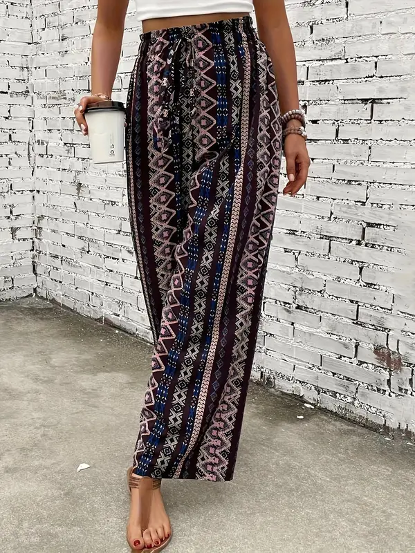 Women's Ethnic Pattern Drawstring Waist Pants, Boho Frill Trim High Waist Straight Leg Trousers for Spring & Fall, Ladies Bottoms for Daily Wear 4