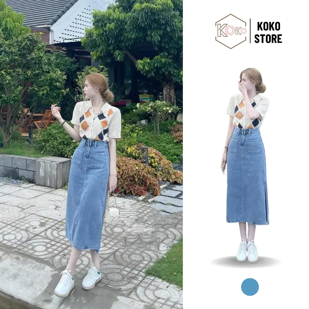 Chân váy jeans nữ dáng dài chữ A chất mềm dày dặn xẻ tà hai bên phối túi lớn trước sau siêu xinh KoKo CVD55 Women