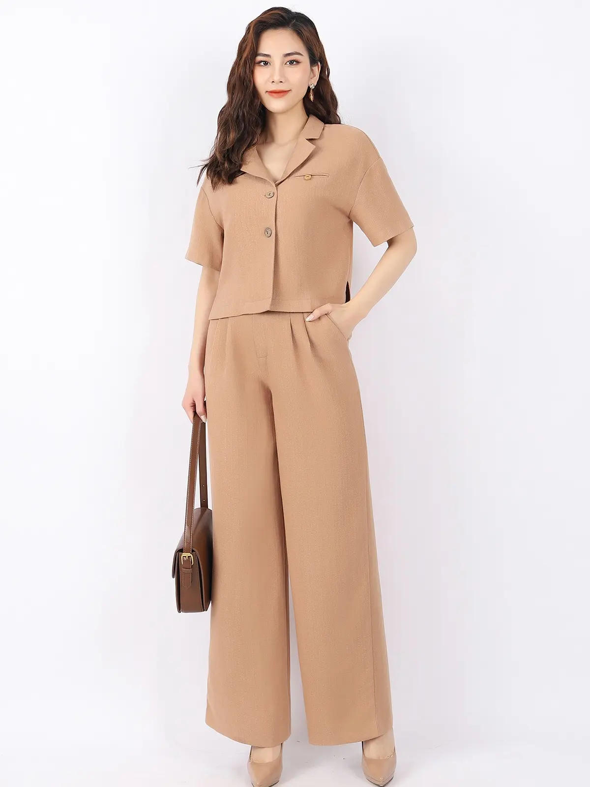 BAK52795 - Áo kiểu công sở vải thô đũi dáng suông cổ hai ve cài cúc - PANTIO