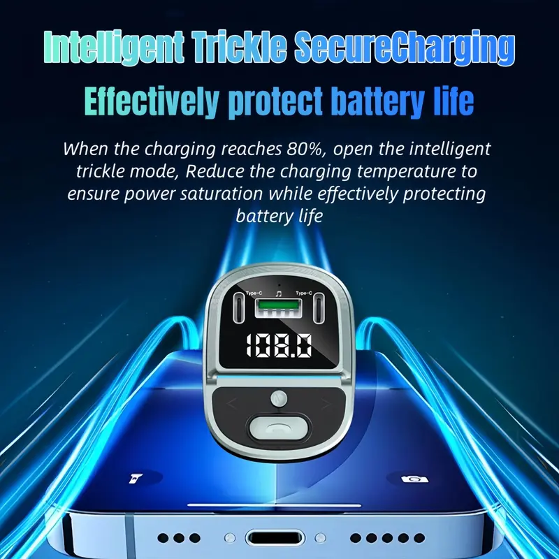 Car MP3 Player FM Transmitter, Dual USB Fast Charging Type-C USB One-click Free Hands-free Call Wireless Car Charger Audio Receiver 6