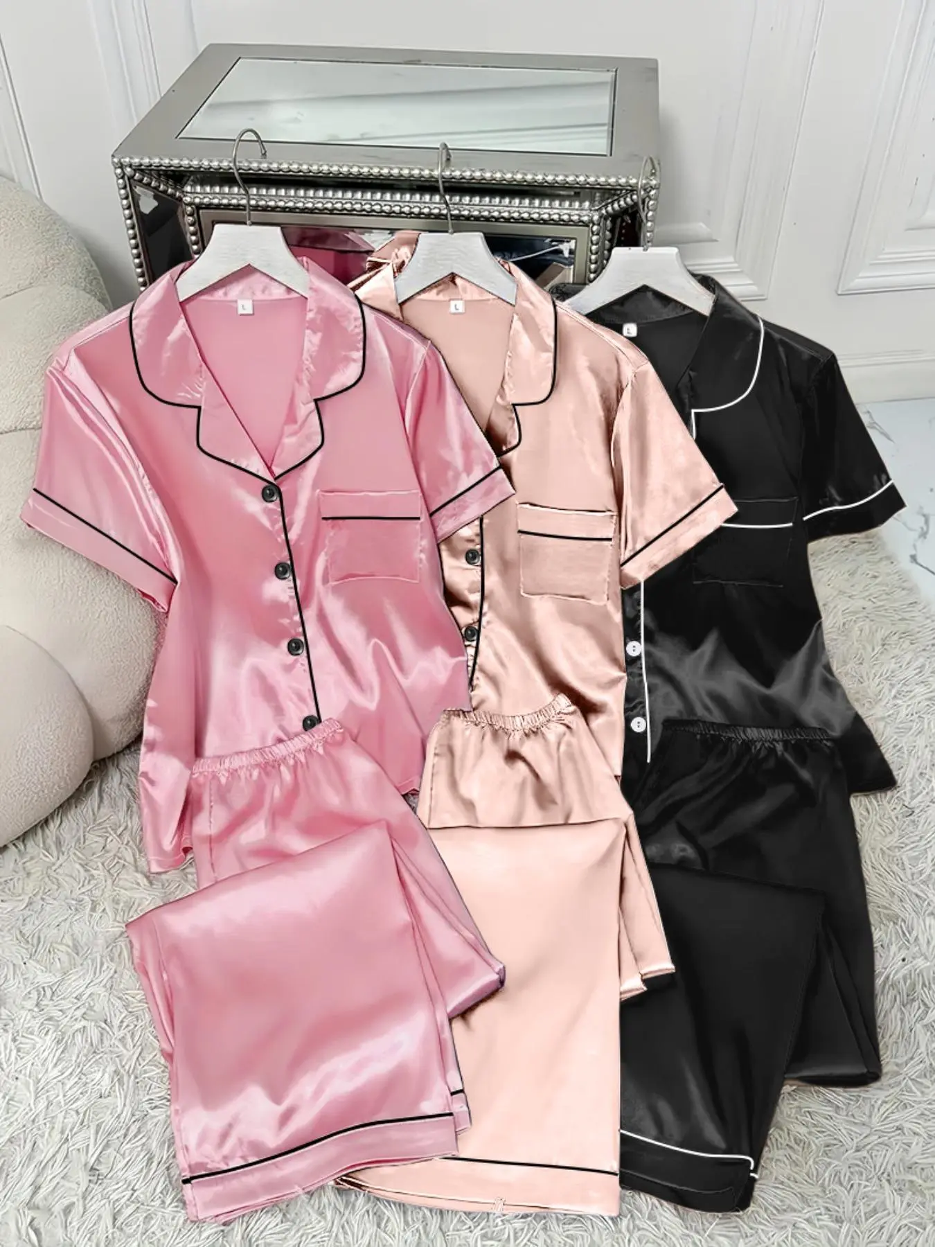 Women's Contrast Binding Lapel Shirt & Elastic Waist Pants Satin Pyjama Set, Casual Comfy Short Sleeve Pocket Button Up Top & Elastic Waist Long Trousers PJ Set, Ladies Sleepwear for All Seasons, Pajamas, Sleep Sets