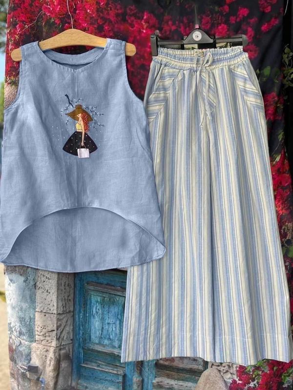 Sét Áo Ngắn Tay Áo Sát Nách Kèm Quần Nữ Linen Dài Qua Gối Quần Dáng Suông Nữ In Họa Tiết Kẻ,Đi Biển Đi Chơi Du Lịch S786 Kem Women đầm thúc váy cổđiển setáoống quầnsuông bộquầnáo icon sétáosơmikèmquầnốngrộng Top Thun