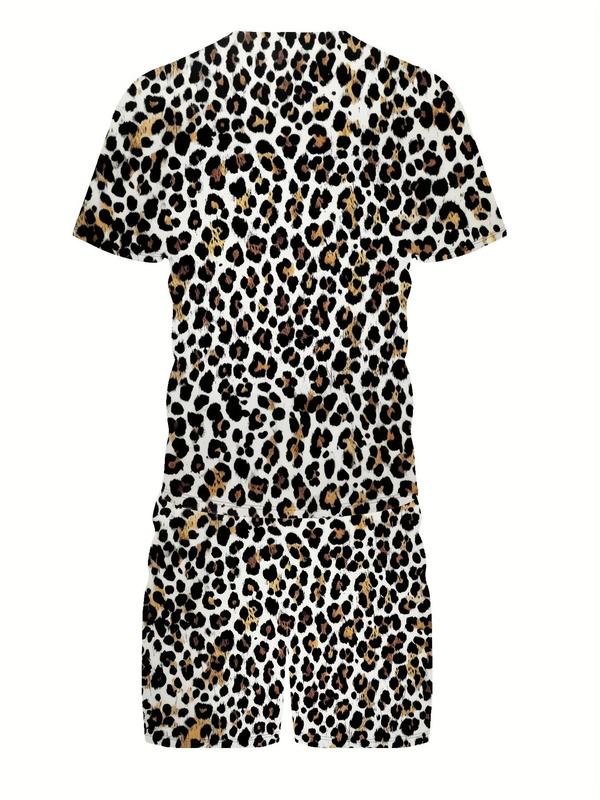 Men's Leopard Print Short Sleeve Tee & Shorts Set, Regular Fit Casual Round Neck T-shirt & Shorts, Men's Two-piece Outfits for All Seasons, Streetwear 1