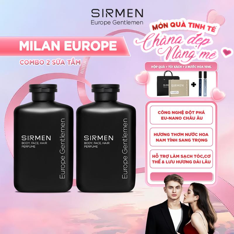 Bộ quà tặng nam MILAN EUROPE - Gồm 2 Sữa tắm gội nam 4 in 1 hương nước hoa châu Âu SIRMEN Europe Gentlemen 350g công nghệ EU-Nano | TẶNG TÚI XÁCH &  NƯỚC HOA 10ML