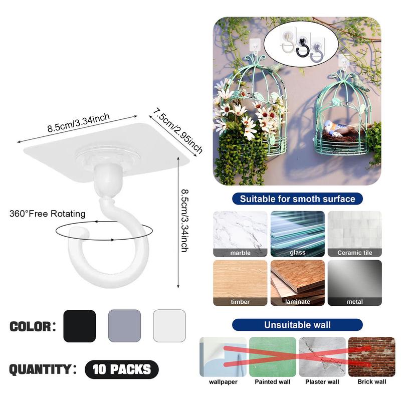 Ceiling Hook (10pcs), Multipurpose Self Adhesive No Drill Ceiling Rotating Hanging Hook, 360-degree Rotatable Hooks for Hanging Light Plants Lanterns Wind Chime 1