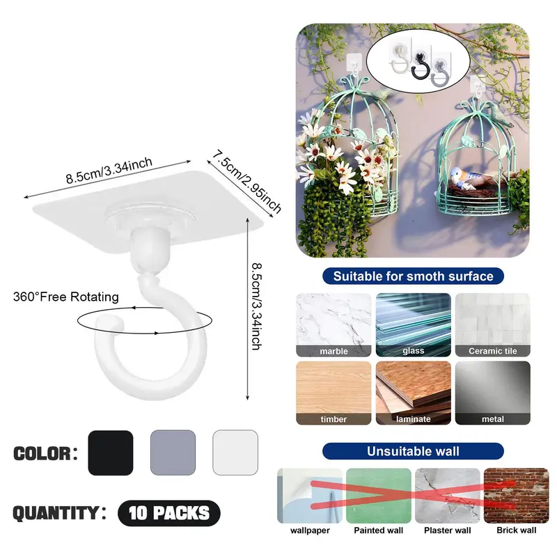 Ceiling Hook (10pcs), Multipurpose Self Adhesive No Drill Ceiling Rotating Hanging Hook, 360-degree Rotatable Hooks for Hanging Light Plants Lanterns Wind Chime 1
