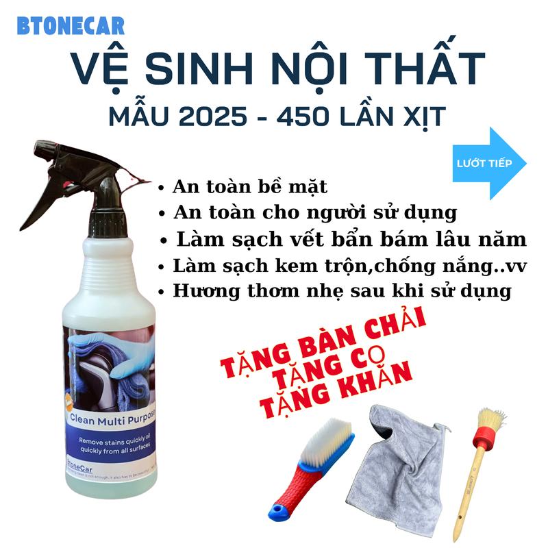 [Vệ Sinh Nội Thất Ô TÔ BtoneCar ]450 Lần Xịt Sử Dụng Trên Bề Mặt Ghế -Taplo -Tapi -Sàn (Chai 500ml) -Tặng Kèm Bộ Dụng Cụ