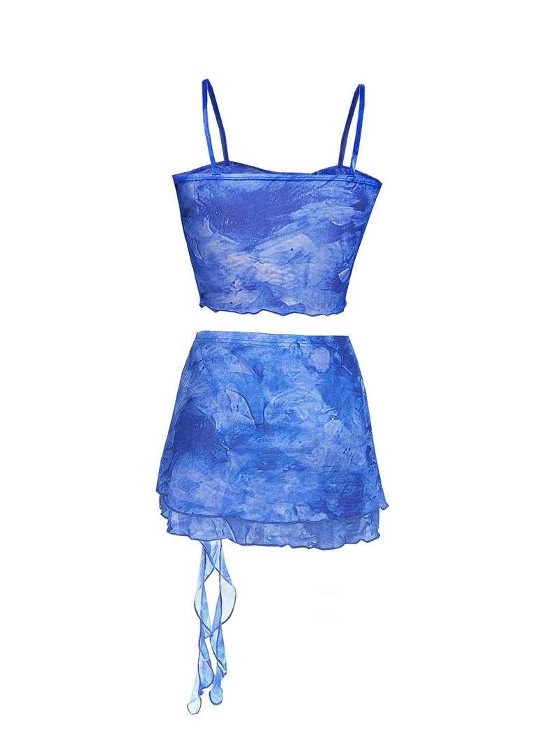 Product Introduction of Women's Tie Dye Print Bow Decor Crop Cami Top & Split Hem Tiered Layer Skirt Two-piece Set, Sexy Spaghetti Strap Crop Top & Ruffle Trim Skirt, Ladies Summer Clothes for Holiday Vacation Valentine's Day, gift 6