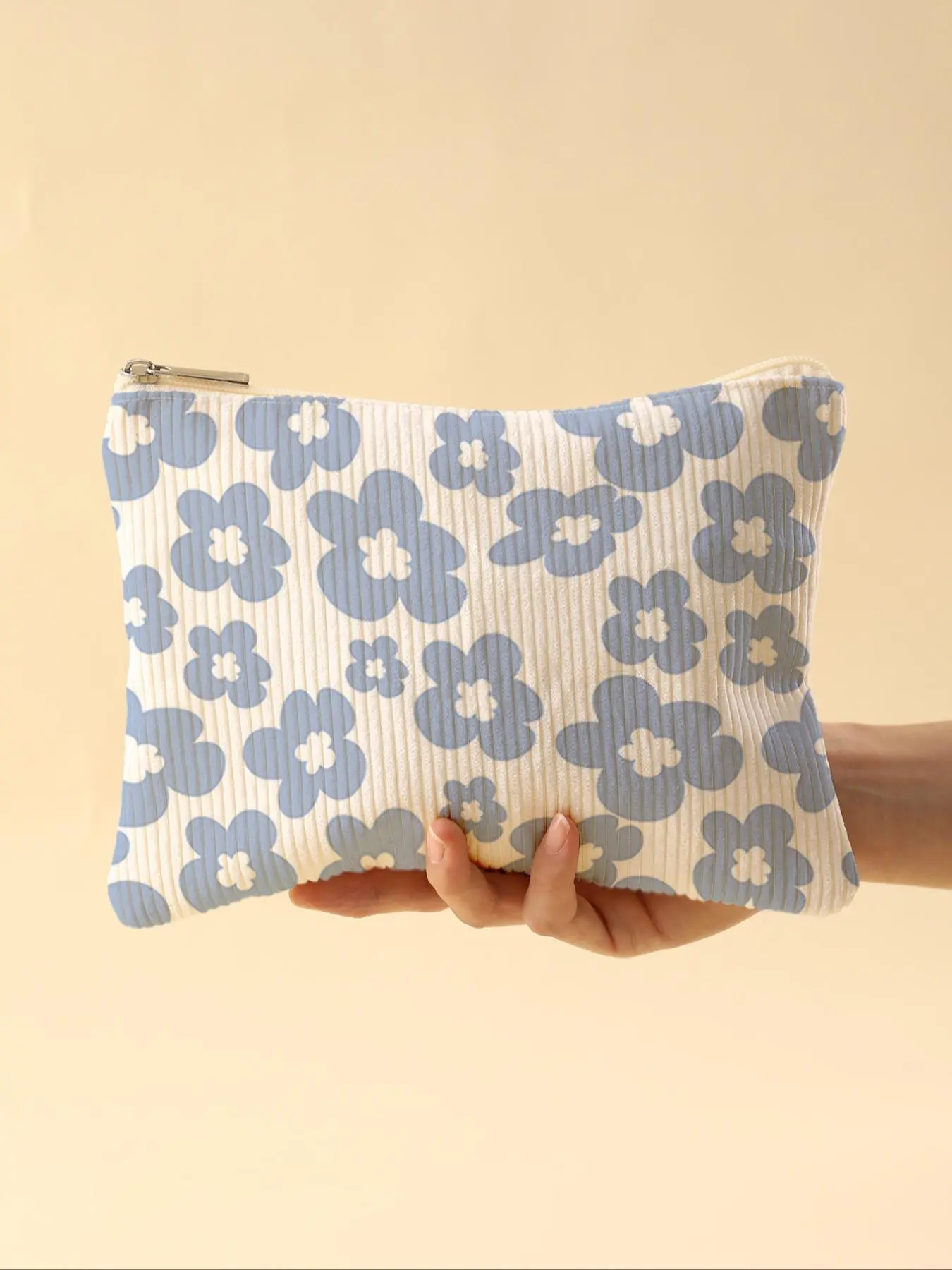 Floral Pattern Corduroy Makeup Bag, Lightweight Zipper Makeup Organizer, Multifunctional Cosmetic Storage Bag for Toiletries and Accessories