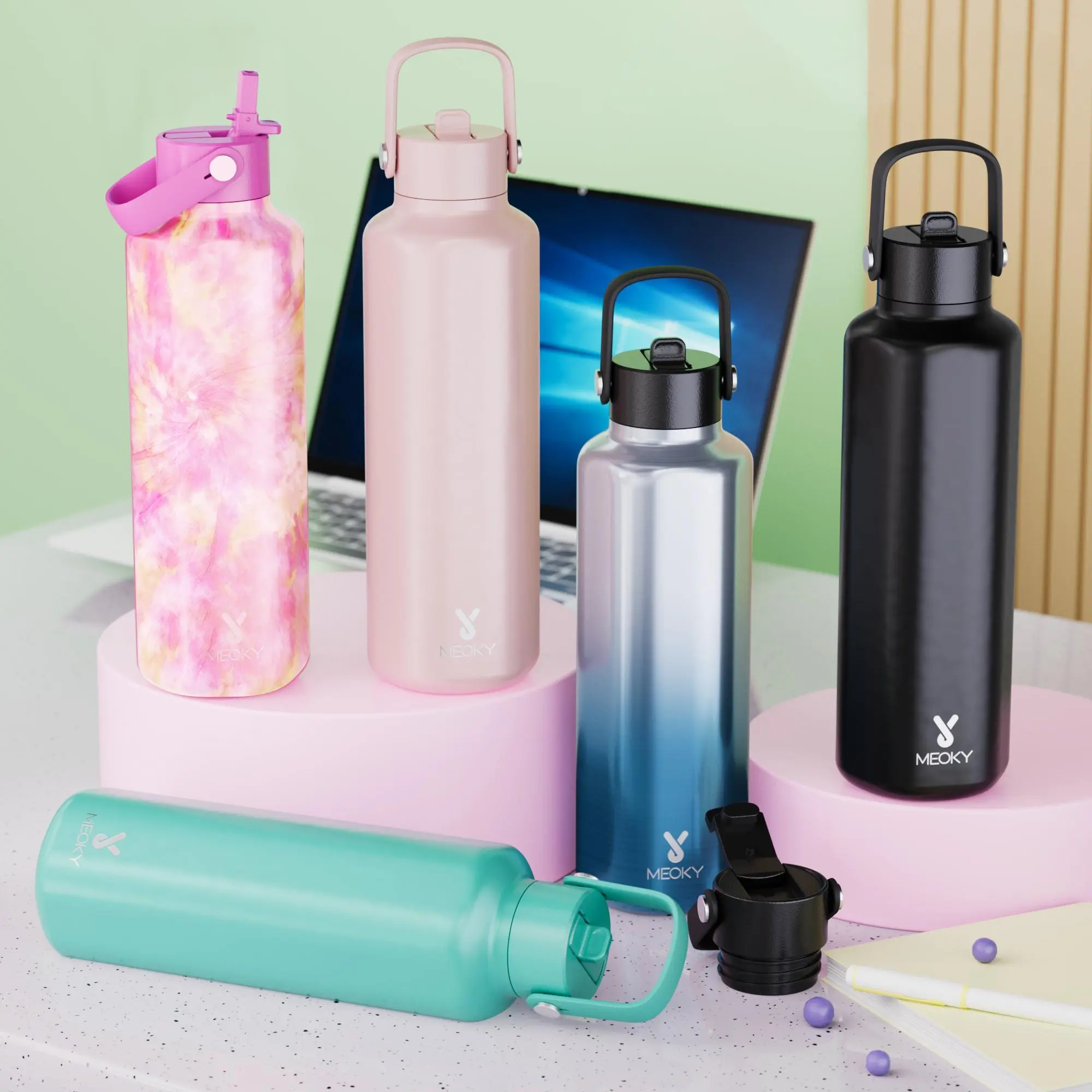 【Meoky】stainless Steel Vacuum Flask, 1 Count Double Lid Hexagonal Insulated Water Containers with Silicone Handle, Travel Accessories, Modern Portable Drinking Cup for Home Campus Outdoor Travel