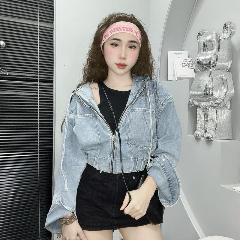 Áo khoác jean nữ dây kéo có nón Women Jacket Top