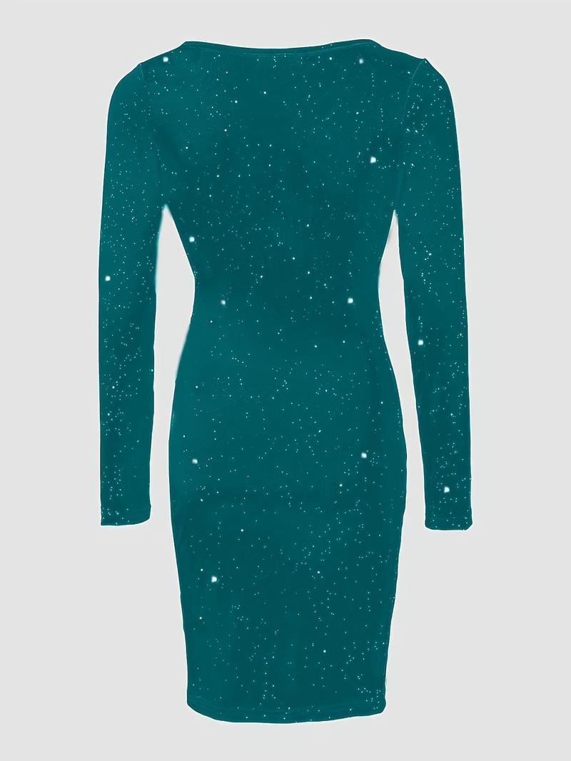 Product Introduction of Women's Glitter Sequin V Neck Ruched Bodycon Dress, Elegant Long Sleeve Short Dress for Party Club Dating Wear, Ladies Spring & Fall Clothes 3