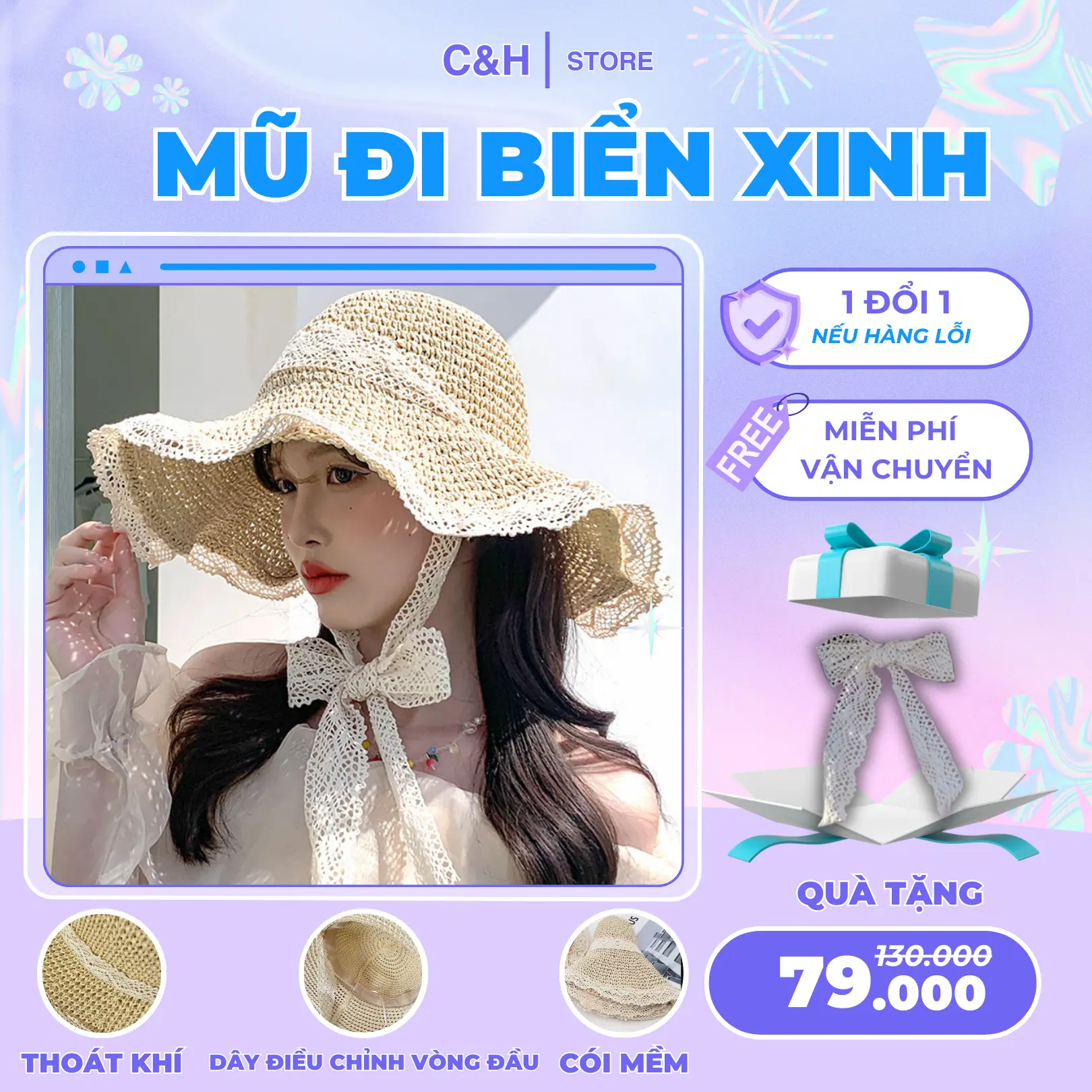 Mũ cói nữ đi biển vành rộng nón thời trang có dây buộc viền ren tiểu thư đội chụp ảnh đẹp lung linh