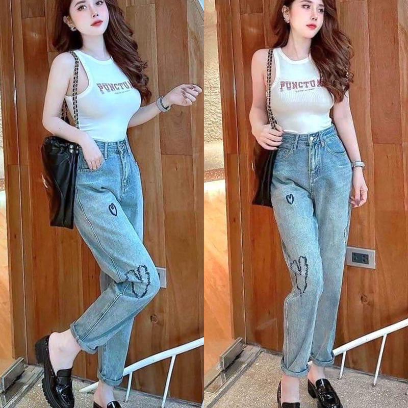 Quần baggy jean nữ BigSize Lưng Siêu Cao, Thêu Trái Tim, Màu Xanh Phủ Bụi thời trang MLJ0018 Pants Denim Women quần jeans nơ Rách