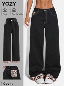 YOZY Women's Leopard Patchwork Print Pocket Button Fly Pants, Casual Comfy Straight Leg Trousers for Daily Wear, Ladies Bottoms for All Seasons