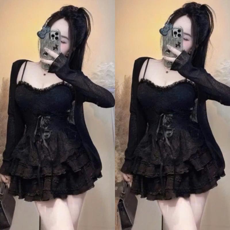 Set váy nữ len ren 3 món áo trong croptop 2 dây mix chân váy ngắn xếp tầng kèm khoác ngoài dài tay xinh xắn dành cho nàng di chơi.