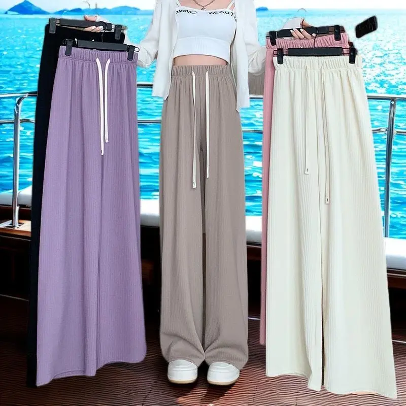 Ice Silk Wide-Leg Pants Women's Summer Thin High Waist Drooping Straight Sun Protection Cool Pants Elastic Waist Lazy Puff Pants Minimalist Bottom Lingerie Trouser striped  pants outfits hijab