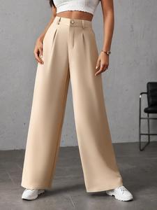YOZY Women's Plain Plicated Pocket Wide Leg Pants, Elegant Elastic High Waist Trousers for Work Office Business, Ladies Bottoms for All Seasons