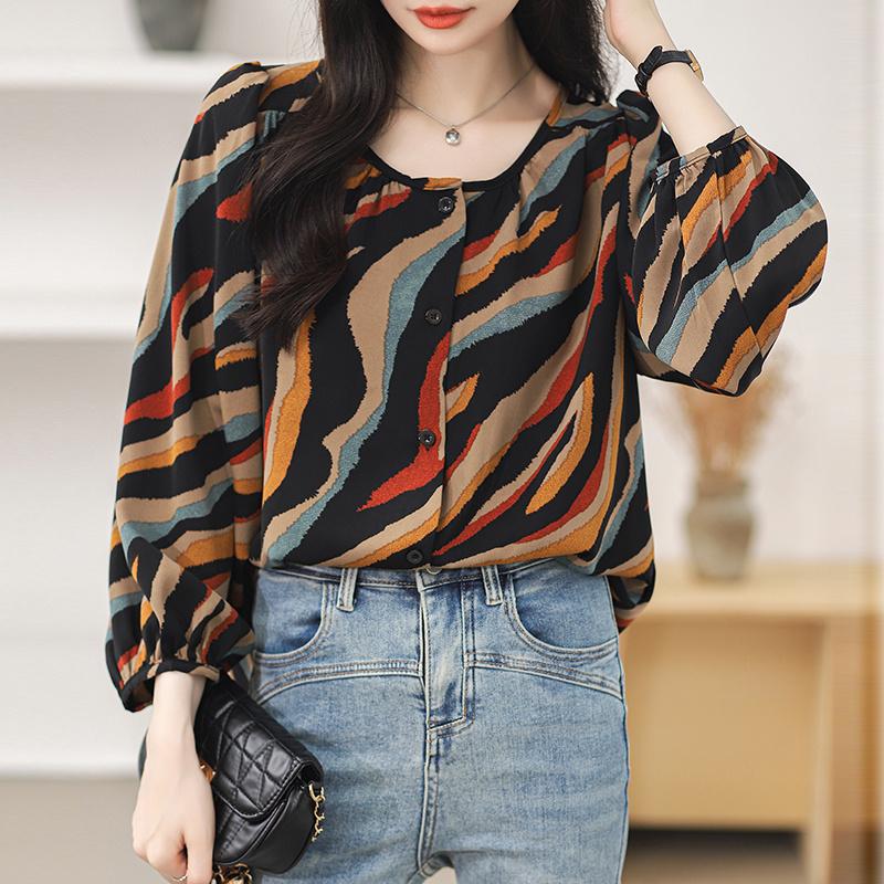 Áo Voan In Sọc Ngựa Vằn Cổ Điển Áo Dài Nữ Cổ Tròn Tay Áo Đèn Lồng Dáng Rộng Vừa Vặn Ngoại Cỡ