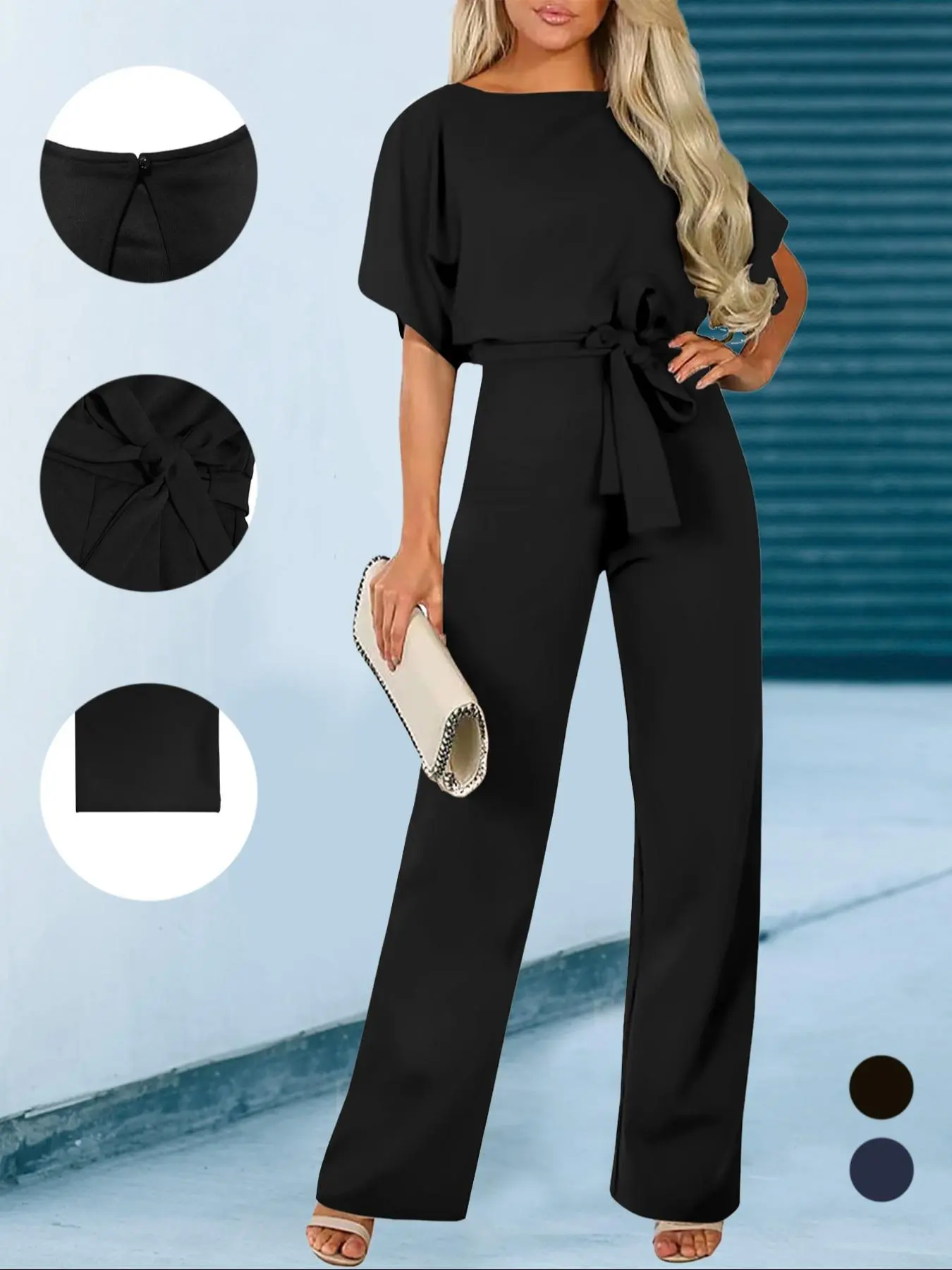 Women's Plain Cut Out Tie Front Batwing Sleeve Jumpsuit, Casual Simple Short Sleeve Straight Leg Jumpsuit for Summer, Women's Clothing 2024,  Fashion Women's One-piece Clothing for Daily Wear, Summer Clothes, Back To School Outfits